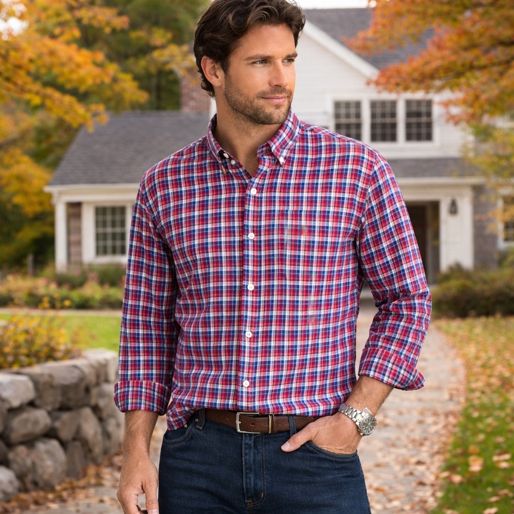 LL Bean Traditional Fit Cotton Button Down Shirt Sz XL Red Blue Plaid Office
